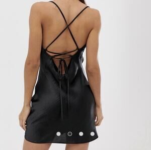 NWT ASOS Black Satin Mini Slip Dress Strappy Back Size 8